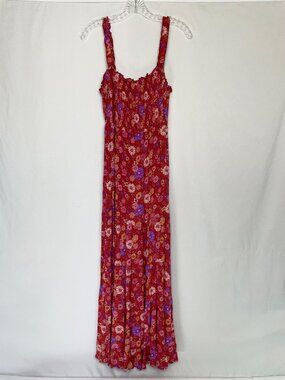Natural Life Red Blue Floral Smocked Maxi Dress XL